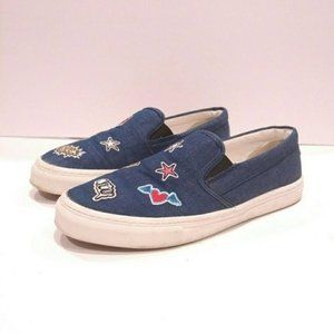 Zara women's slip on sneakers denim with patches size 41 denim jean slides